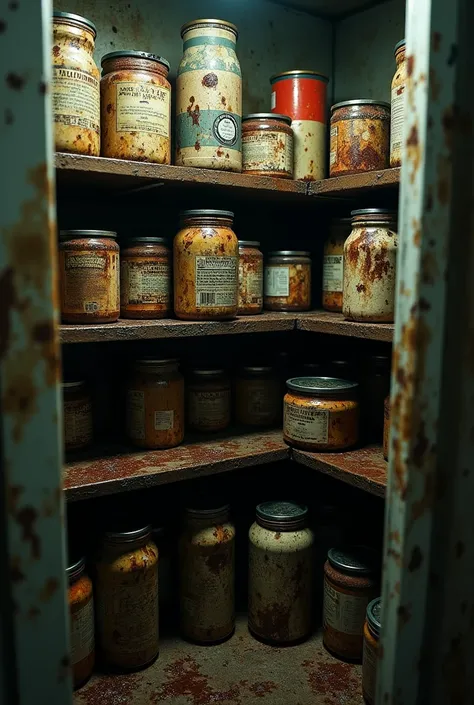 Close up of greasy smears on small pantry shelves in the kitchen, nightmare, highest definition, highest detail, highest quality