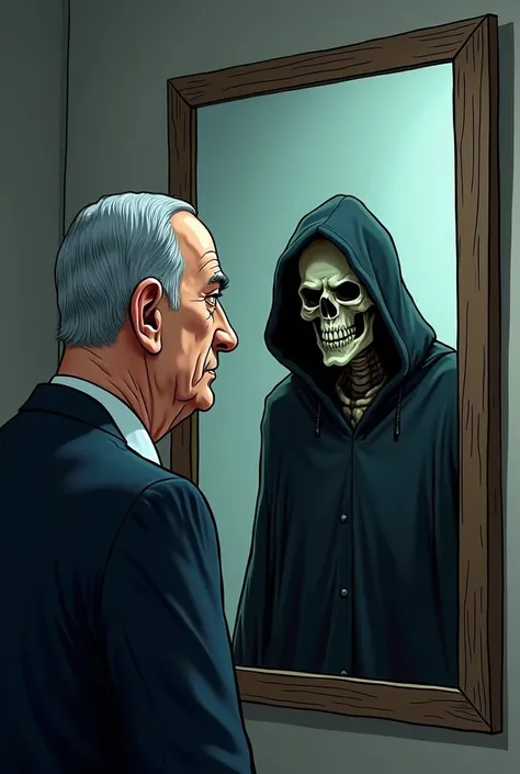  cartoon  : Netanyahu looks in the mirror ,  and sees a grim reaper in the reflection