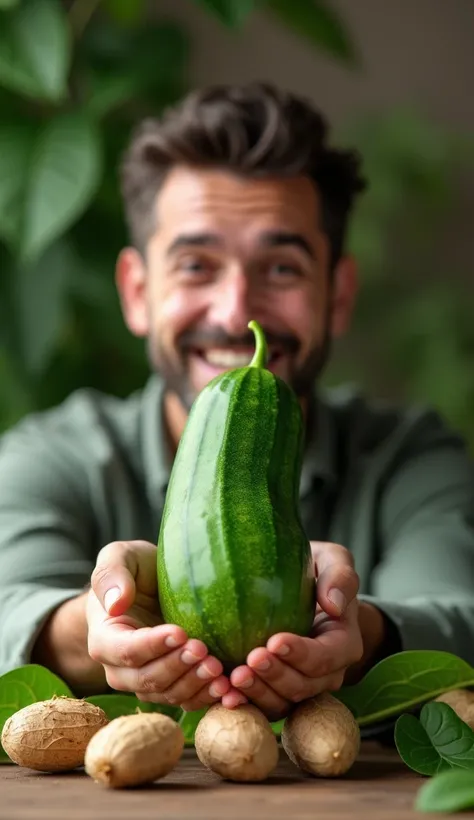 3D ultra-realistic image  a man  also showing his face in his hand A playful yet engaging image of a large, healthy cucumber placed on a wooden table, surrounded by Ashwagandha roots and green leaves. The cucumber is glossy and vibrant, symbolizing vitalit...