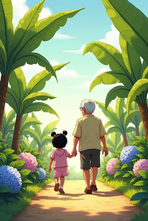 Drawing of a grandfather and his granddaughter  ( short and slightly chubby black hair )  walking backwards among banana trees and hydrangeas 