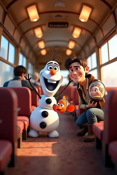 I want to see Olaf from frozen take selfie of him and Flynn Rider and Nemo in bus 