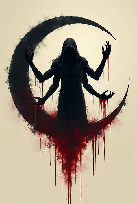 Symbol of a god. Moon giving birth to a  with three arms covered in blood. simplistic