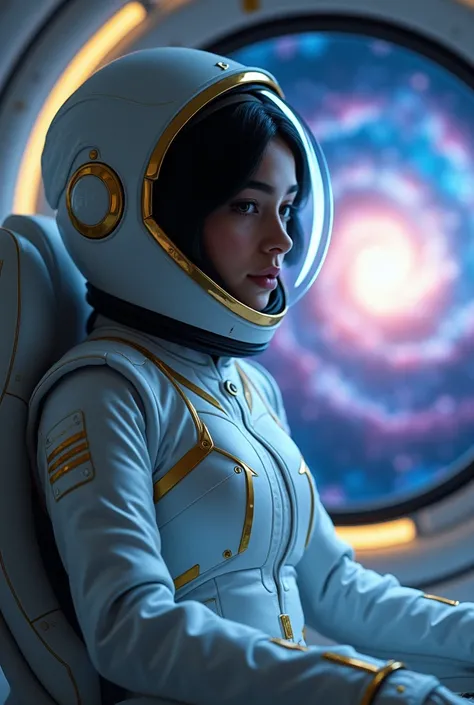 Mira, 28 year old Arabic girl, wearing a white space suit with subtle gold accents, has her dark hair hidden under a helmet. She sits in her spacecraft, surrounded by the vast, silent universe. The nebula ahead pulses with electric blue and violet light, c...