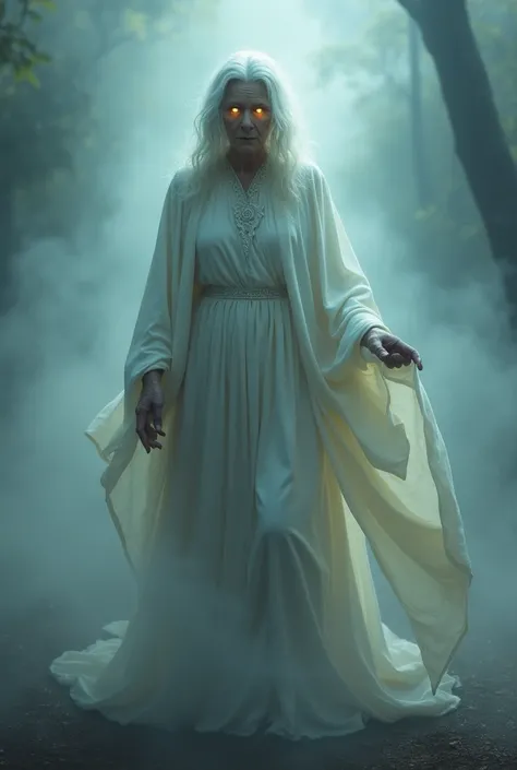 Suddenly, a figure emerged from the haze . She was an old woman in a long white robe and eyes that shone like stars..