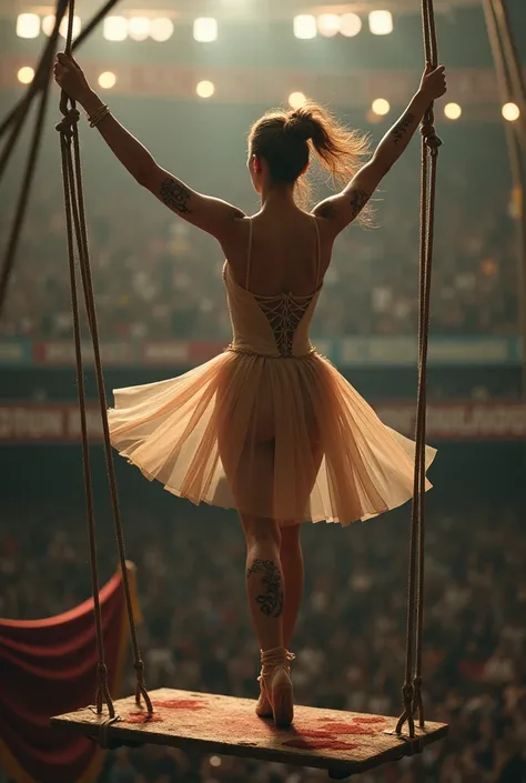  woman,ballerina, black,  gait, with scars across the body , on a trapeze with a circus riding arena in the background