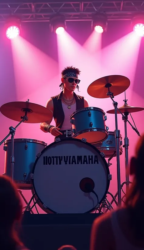 Animation,  dressed in rock star style wearing dark glasses , WITH A BANDANA ON THE FOREHEAD,  he is on a stage playing his drums at a rock concert,  on the drum drum is written the text  "Riki Yamaha Victory "  the audience vibrates and sings together . (...