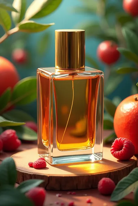  Make an image of a square perfume bottle that looks like a cube , Transparent bottle and the cap as if it were a golden cylinder  . In the background of the image I want the vibrant colors and fruits on the side with rubies