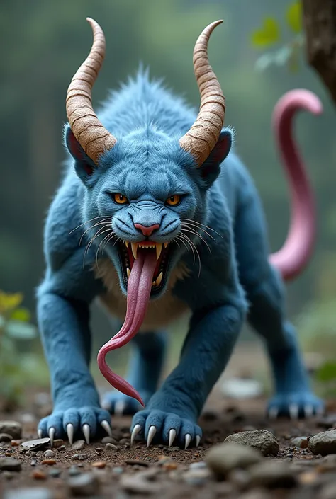 Hybrid mystical animal:  Blue jaguar with brown gazelle horns,  pink dolphin tail ,  koala ears , Very long tongue .  Threatening and ferocious posture . 