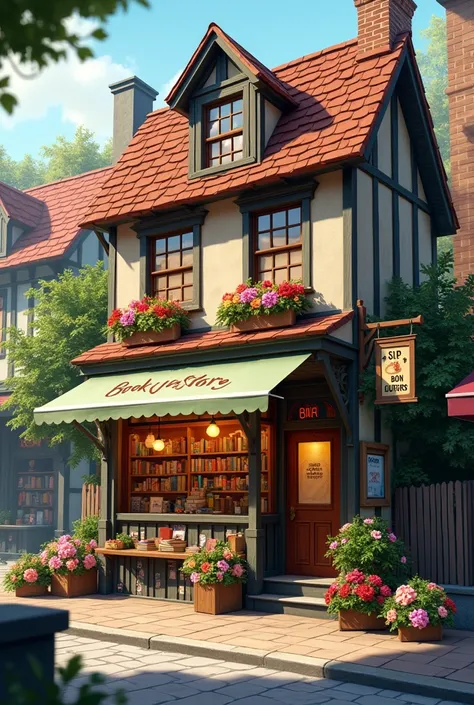 A cozy library building on a street, designed as a small bookstore with a Book Store banner prominently displayed on the front. The scene is serene with no people visible. The library is adorned with colorful flowers and decorative books displayed outside,...