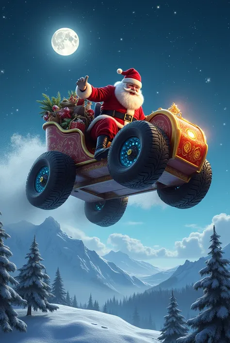 Santa Claus is flying in a sleigh but instead of reindeer the sleigh is pulled by sports tires