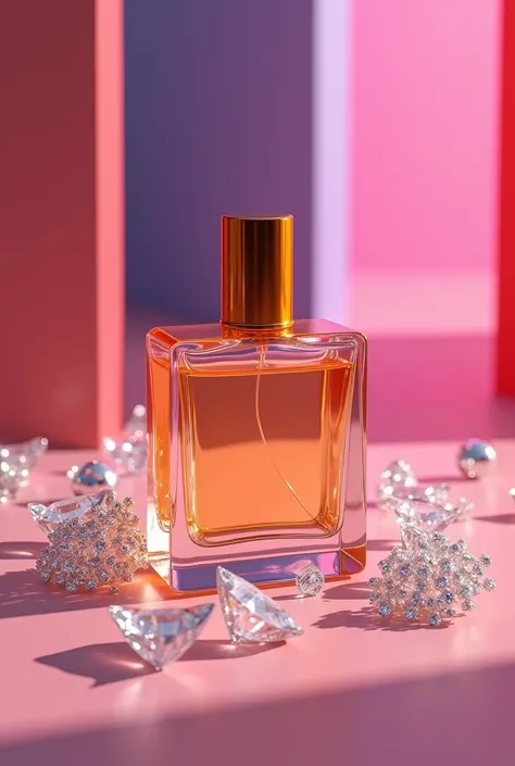 Make an image of a perfume bottle it looks like a cube  , Transparent bottle and the cap as if it were a golden cylinder  .  In the background of the image I want the strong colors with diamonds close to the perfume