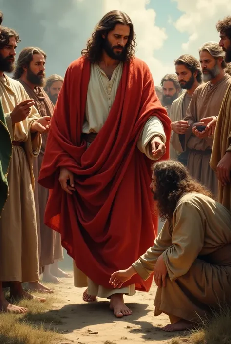  Jesus walking with a red cloak on his shoulders that reaches the ground,  a crouched woman touching the edge of Jesus robe on the ground , and the disciples of Jesus see  