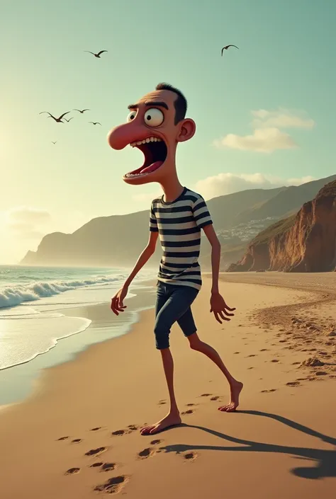 man with a wide mouth walking along Nazaré Beach at dusk