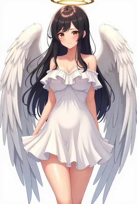 Full body image of anime female angel Aaliyah who is a beautiful young woman,  has long black hair and dark brown eyes. She is tall and curvy voluptuous body without any trace of fat on her and bigger bust size looks more mature. She always has a smile on ...