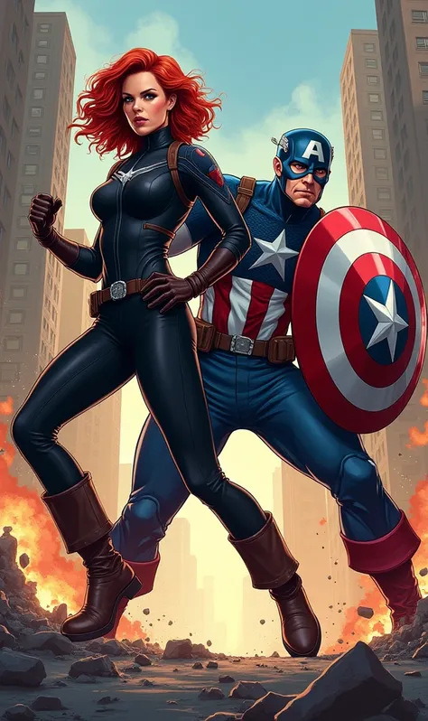 Black Widow and Capitain America art style comic book