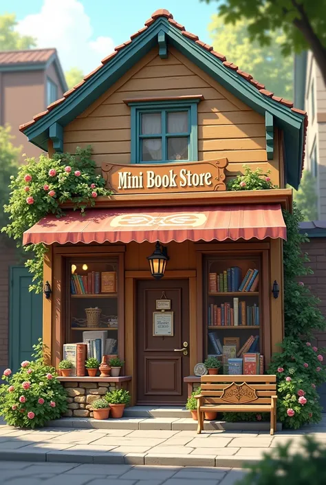 A cozy library building on a street, designed as a small bookstore with a Mim Book Store banner prominently displayed on the front. And I need from straight, banner should be seen exactly. The scene is serene with no people visible. The library is adorned ...