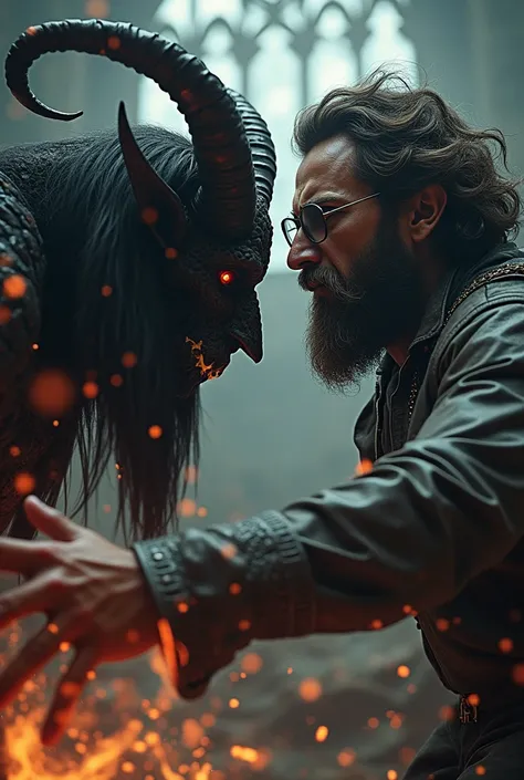 Bearded eyeglass young man fighting the demon Baphomet