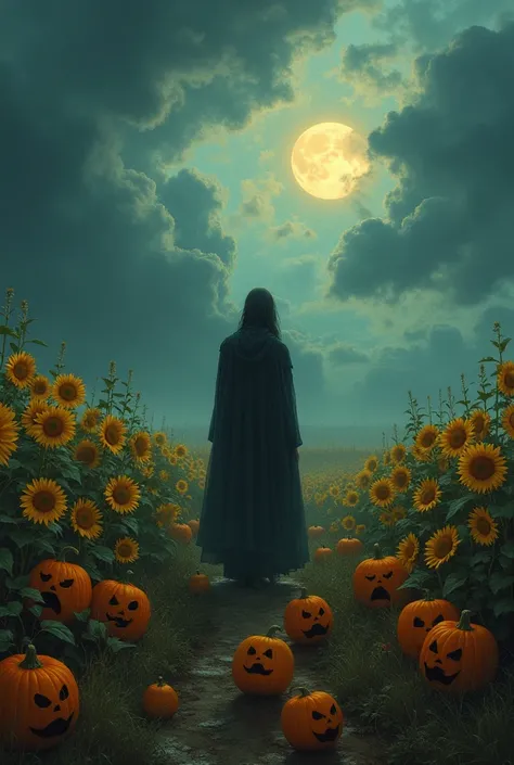 A landscape with dark sky ,  with sunflowers and Halloween pumpkins , a melancholic person in the midst of all that,  surrounded by heartbreaking screaming and angry faces
