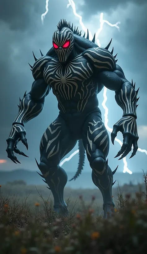 "Set in the same savanna, now shrouded in darkness and stormy chaos, the peaceful landscape has transformed into a foreboding battleground. Emerging from the shadows is a monstrous hybrid of Spider-Man and a zebra. This terrifying creature has the muscular...