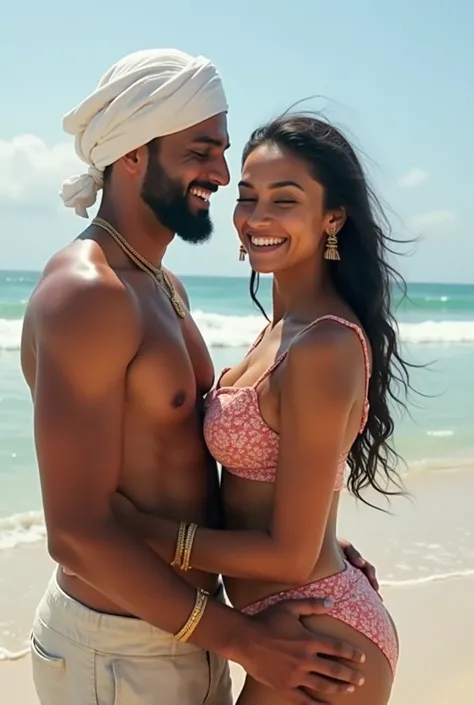 A muslim man in cap and indian hindu woman in beachwear,  smile in beach background  touch her boobs and hips 