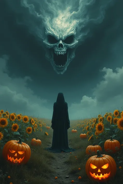 A landscape with dark sky ,  with sunflowers and Halloween pumpkins , a melancholic person in the midst of all that, surrounded by heartbreaking screaming and angry faces in the sky
