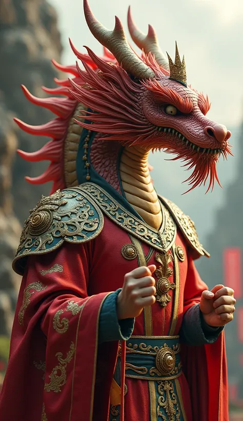 A hyperrealistic giant chinese dragon mixed with humanoid features as a king wearing king clothes and a crown on China. 4K HDR with lots of detail. The humanoid is extremely muscular an strong. Volumetric light, Reflexes rtx, Dinamic.