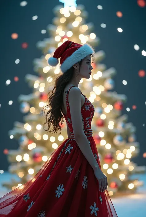 beautyful girl wearing christmas dree in a christmas night full of lightning christmas tree looking front with red winter cap