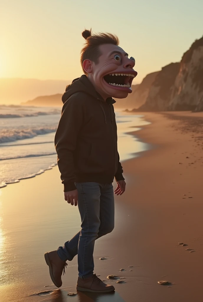 man with a realistic 8K wide mouth walking along Nazaré Beach at dusk 