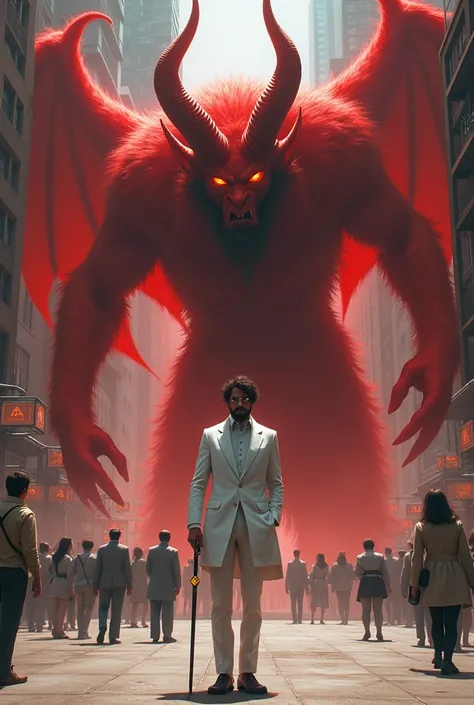 18-year-old teenager with medium size beard and glasses wearing a white suit and cane with green diamond on the tip fighting the demon red Baphomet in the middle of a square