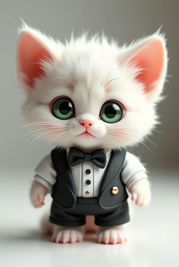  Generate real 3D image of a cute white kitten with green eyes wearing a valete suit deck