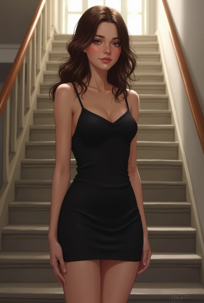 Young teenager brunette hair girl in black mini dress stay on stairs realistick nice ass