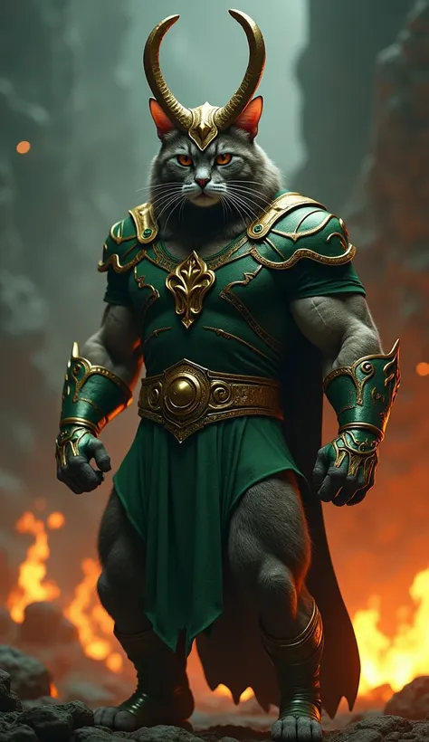 a muscular cat wearing Loki suit , mũ bảo hiểm, fire , gloomy scene
