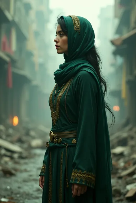 Mira, 28 year old Arabic girl, in a dark green and gold abaya, listens intently as a voice echoes through the abandoned city. The hum of her ship vibrates with energy. Her jet-black hair, neatly tied, flutters slightly, and her face reflects a mix of hope ...