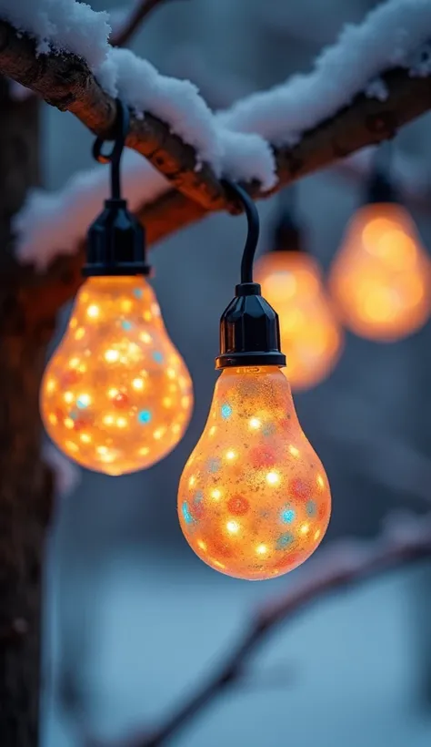  The image shows a string of light bulbs hanging from a tree branch. The bulbs are in the shape of teardrop-shaped pears and are covered in small, round, multi colors lights. The lights are arranged in a cluster, with the largest one in the center and the ...