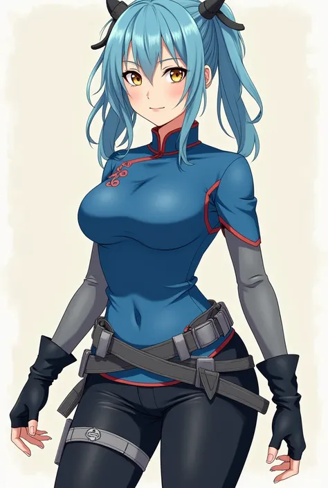  Naruto anime style ,  a girl with sky blue hair and honey eyes ,  Curvy body , Quipao azul ,  breasts black semi-tight pants with a dark gray belt and ninja equipment, 100 cm 