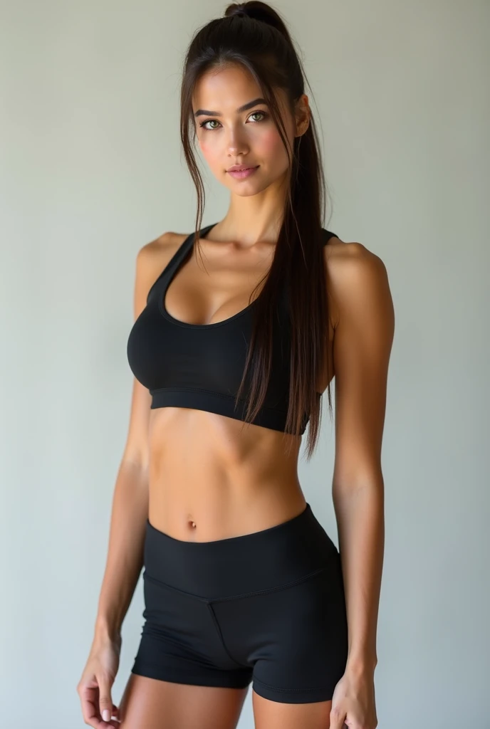 full body of a slender brunette fitness model with long hair in a pony tail and green eyes wearing a black sports bra and short leggings with no shoes and feet and C cup size breasts and 24 inch waist