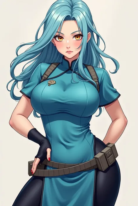  Naruto anime style ,  a girl with sky blue hair and honey eyes ,  Curvy body , Quipao azul ,  breasts black semi-tight pants with a dark gray belt and ninja equipment, 110 cm breasts