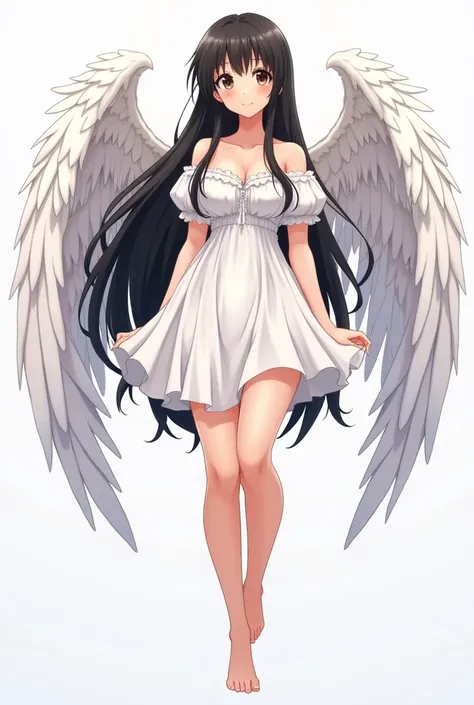 Full body image of anime female angel Aaliyah who is a beautiful young woman,  has long black hair and dark brown eyes. She is tall and curvy voluptuous body without any trace of fat on her and bigger bust size looks more mature. She always has a smile on ...