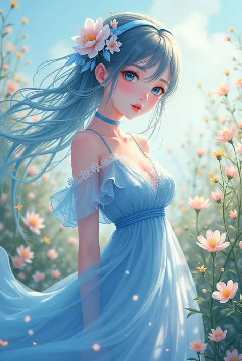 Anime woman with blue and white dress flowers 