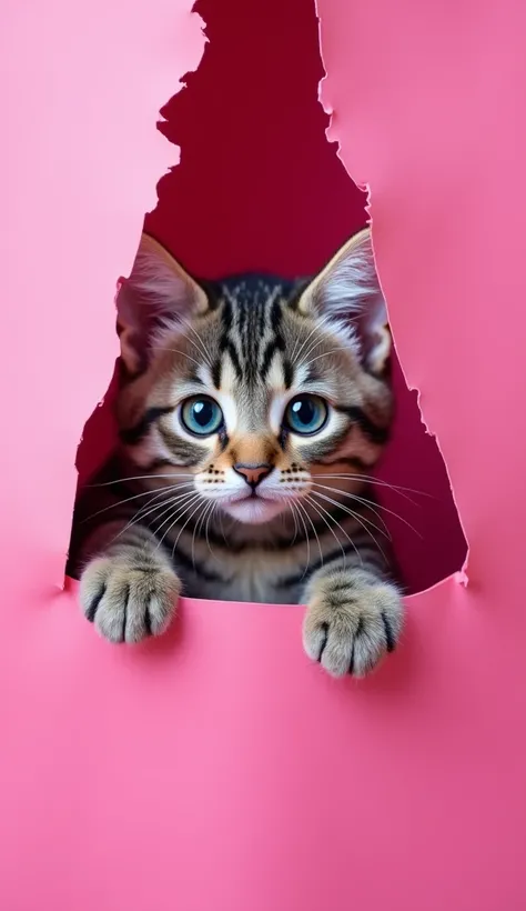 The scene features a playful gray tabby cat peeking through a torn section of vibrant pink paper. The cats face is prominently displayed, showcasing its striking features: large, bright blue eyes that convey curiosity, a slightly tilted head, and sharp ear...