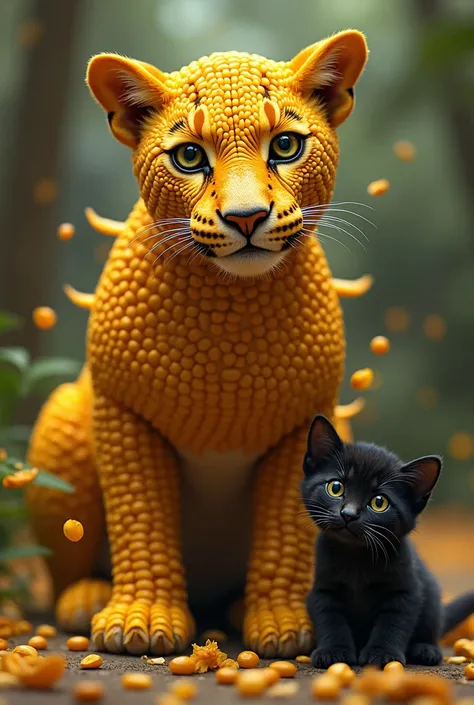 A jaguar with corn as body theme and a little cute black cat beside the jaguar 