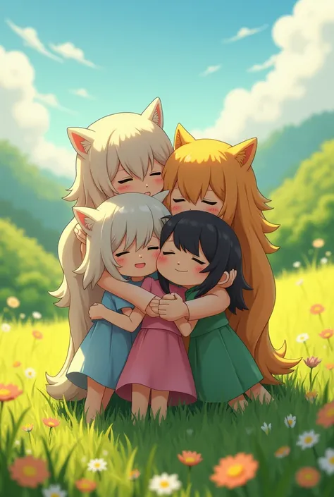 Image of 6 ren hugging each other in the field
