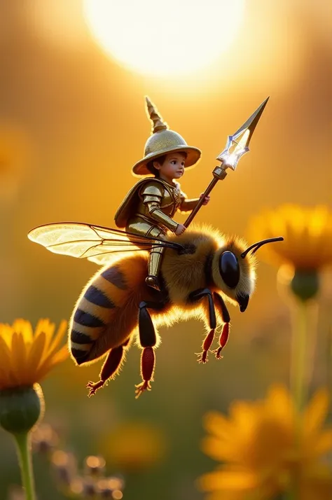 Macro photograph of a miniature warrior clad in golden armor, riding on the back of a fuzzy honeybee mid-flight. The warrior wields a tiny spear tipped with a glowing crystal, and the bees fine hairs and translucent wings shimmer under the golden glow of t...