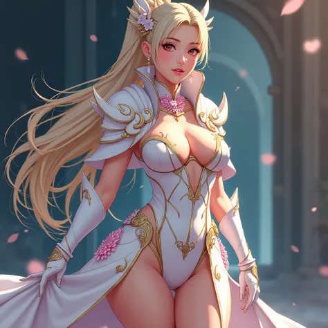 une femme sexy dans une jupe en armure blanche, gold and pink lotus lace,  chengwei pan on artstation , by Yang J,  detailed fantasy illustration ,  atmospheric storyline , fanart best artstation ,  epic and exquisite character art , Belle armure,  extreme...