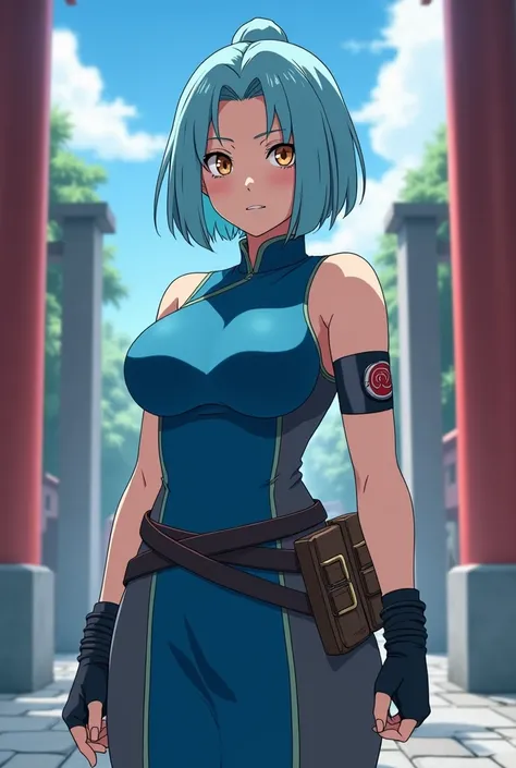  Naruto anime style ,  a girl with sky blue hair and honey eyes ,  Curvy body , Quipao azul ,  breasts black semi-tight pants with a dark gray belt and ninja equipment, 110 cm breasts, Konohagakure Gate Background 