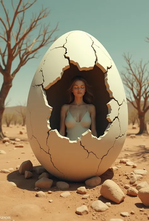 Big cracked eggs in a desert with woman figure inside dry Acacia Wood and tress in the far distance dry floor with small desert stones and rocks 