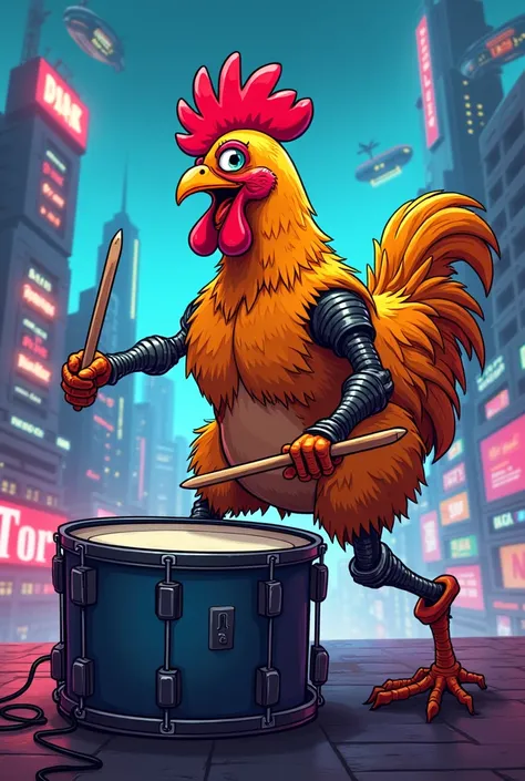 cartoon drawing of a grilled chicken cyberpunk on the drum