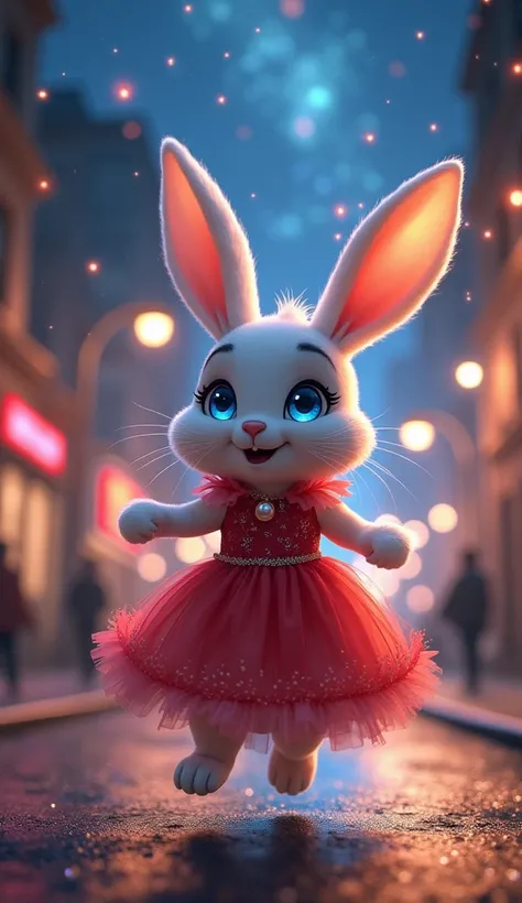 bunny with dress and shine eye blue collection red in City the night ilumination in sky help human and jumping