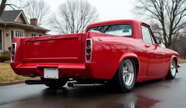 "A classic red Tesla vintage pickup truck muscle car with a bold and aggressive rear design, featuring chrome accents, dual exhaust pipes, and retro-style wheels. The car is parked outdoors on a wet road, surrounded by bare trees and a vintage house in the...