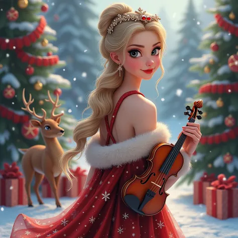 A Charming Princess Wearing Winter Clothes, Red Diamond Earrings And Nackless And Breslate, The Princess Holding Violin In His Hand, Background Features Is Outdoor Snowfall. Christmas Tree fully Decorated, Fully Deteling Face, Parfect Body, Pink Lips, Ribb...